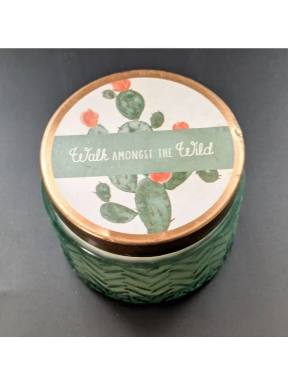 Walk Amongst The Wild Rainforest Scent Candle Green Pressed Glass Jar Gold Lid